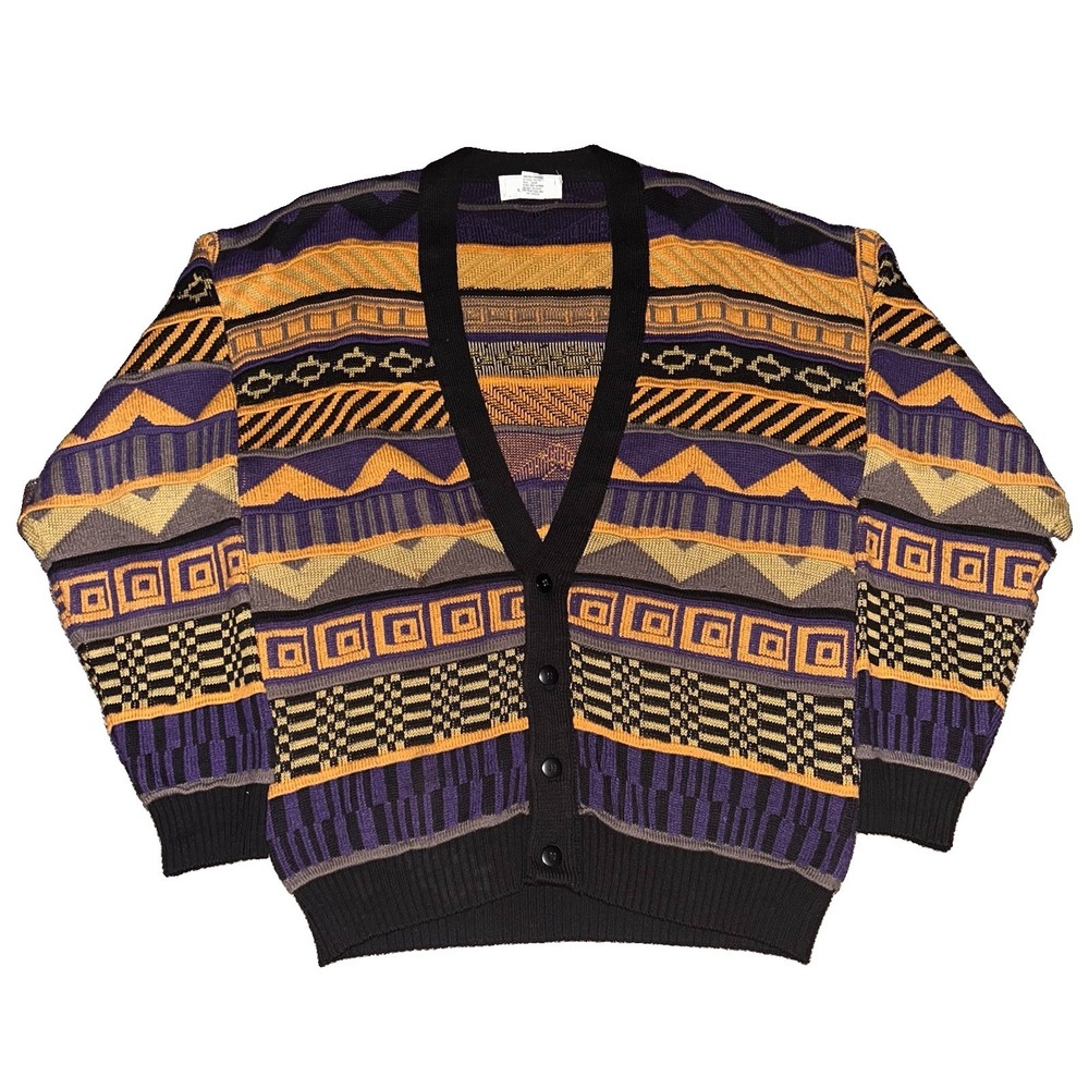 Vintage 80s Aztec Western 3D Cable Knit Cardigan Sweater Mens Size XL Rare Retro
